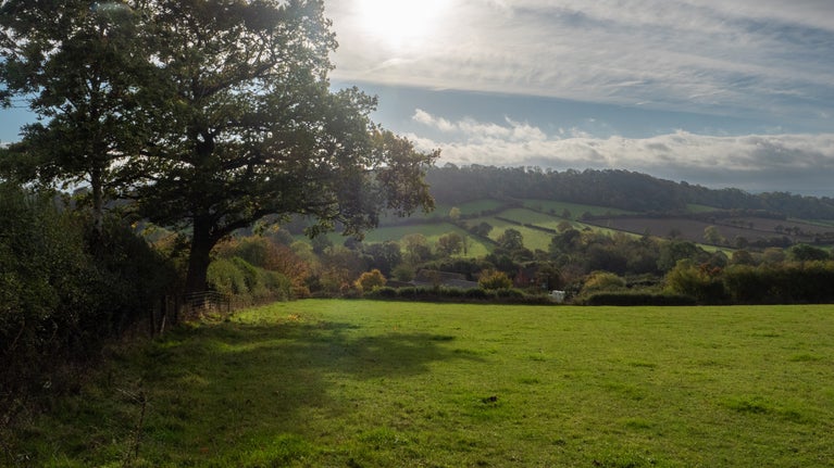 Countryside view looking towards Wilderhope from Wenlock Edge, Shropshire